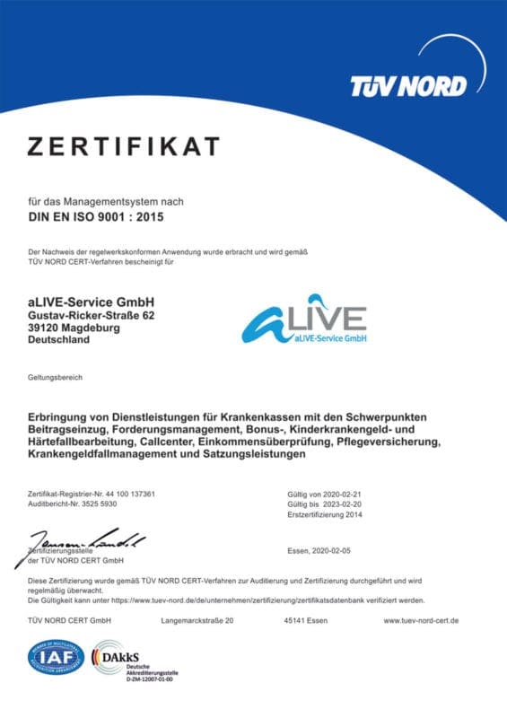 aLIVE-Service TÜV Nord Zertifikat