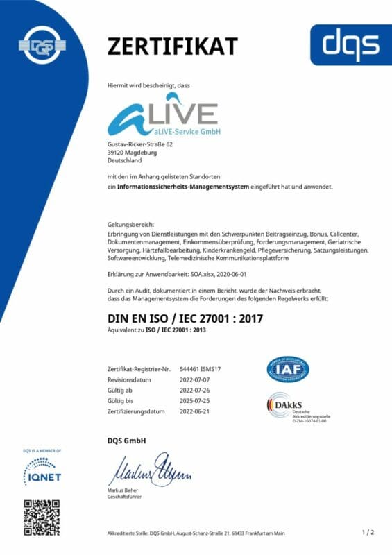 ISO 27001 Zertifikat IT-Informationssicherheits-Management ISMS aLIVE-Service GmbH