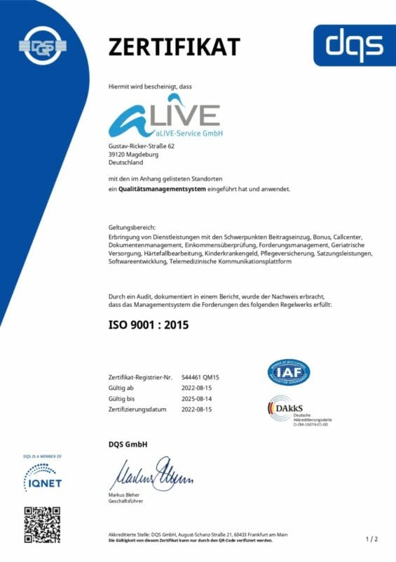 ISO 9001 Zertifikat Qualitätsmanagement QMS aLIVE-Service GmbH
